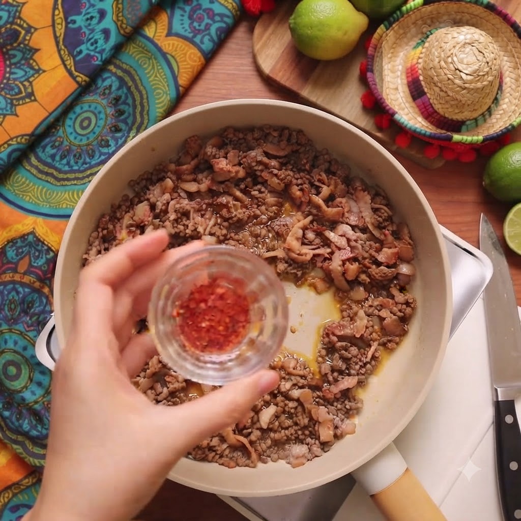A small glass bowl pouring red chili flakes over the seasoned beef mixture.