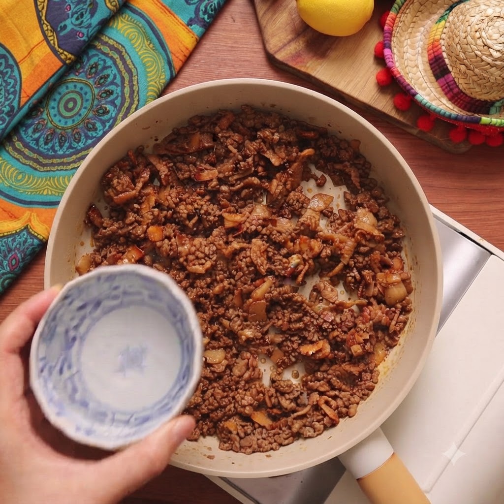 Water being poured from a small bowl into the spiced beef mixture.