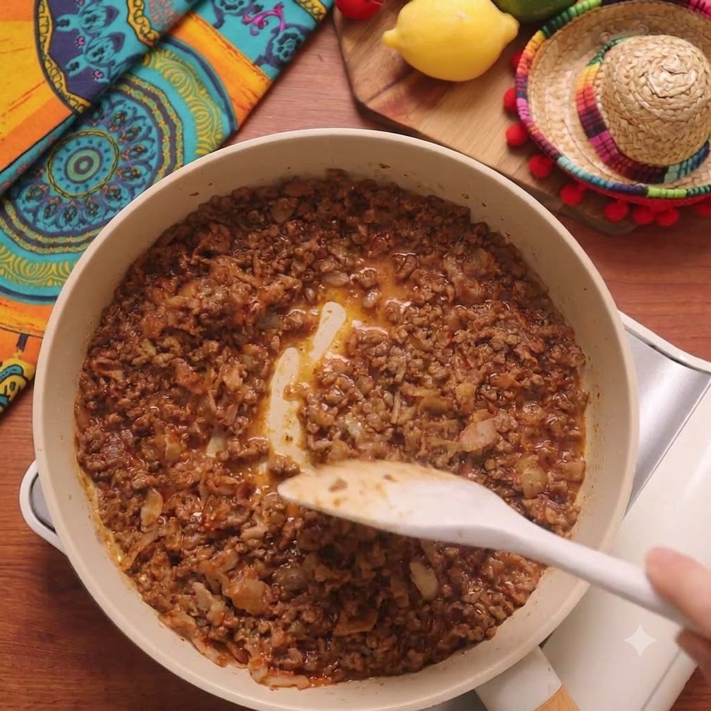 The cooked beef filling simmering and being stirred with a white spatula in the pan.