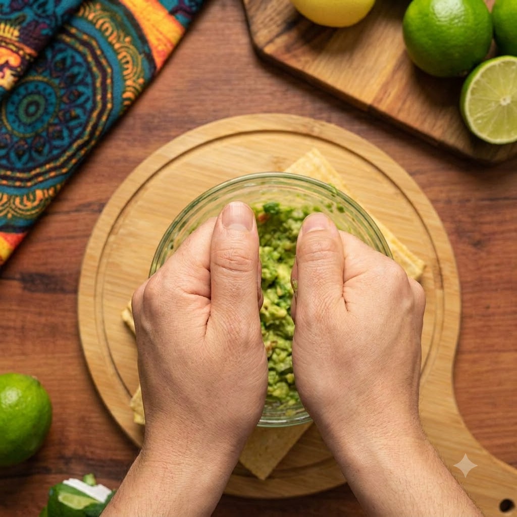 Fresh avocado being thoroughly mashed into a smooth paste inside a clear glass bowl on a wooden board.