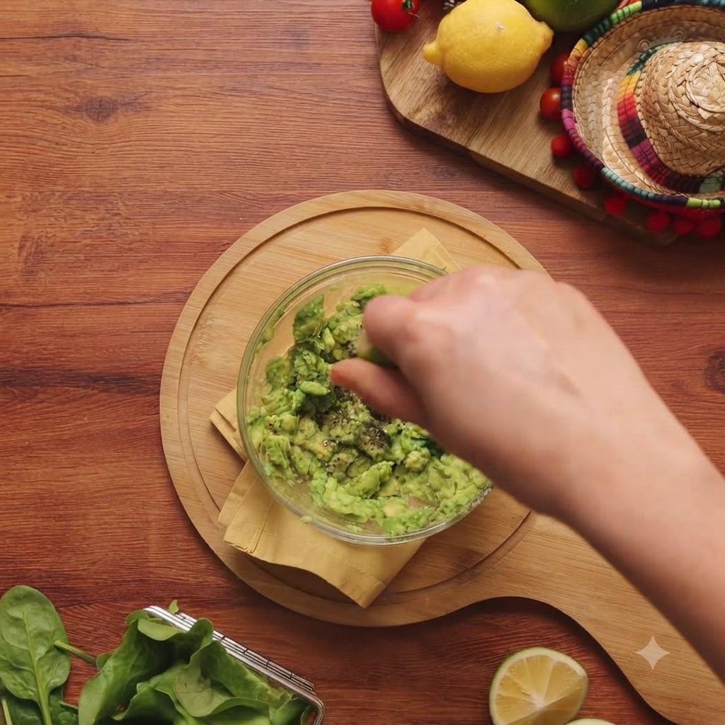 Lemon juice, salt, and pepper being mixed into the freshly mashed avocado puree in a glass bowl.