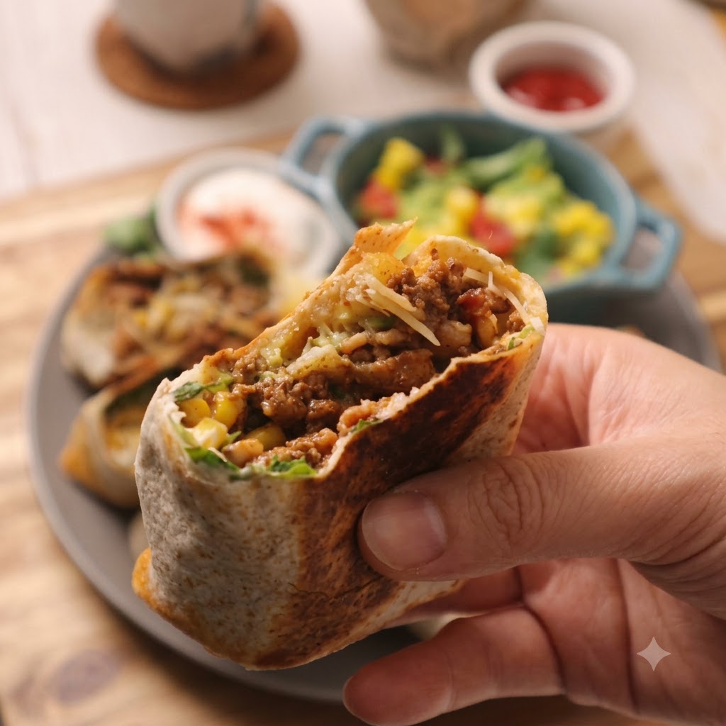 Freshly shredded green lettuce being neatly piled onto the prepared tortilla wrap.