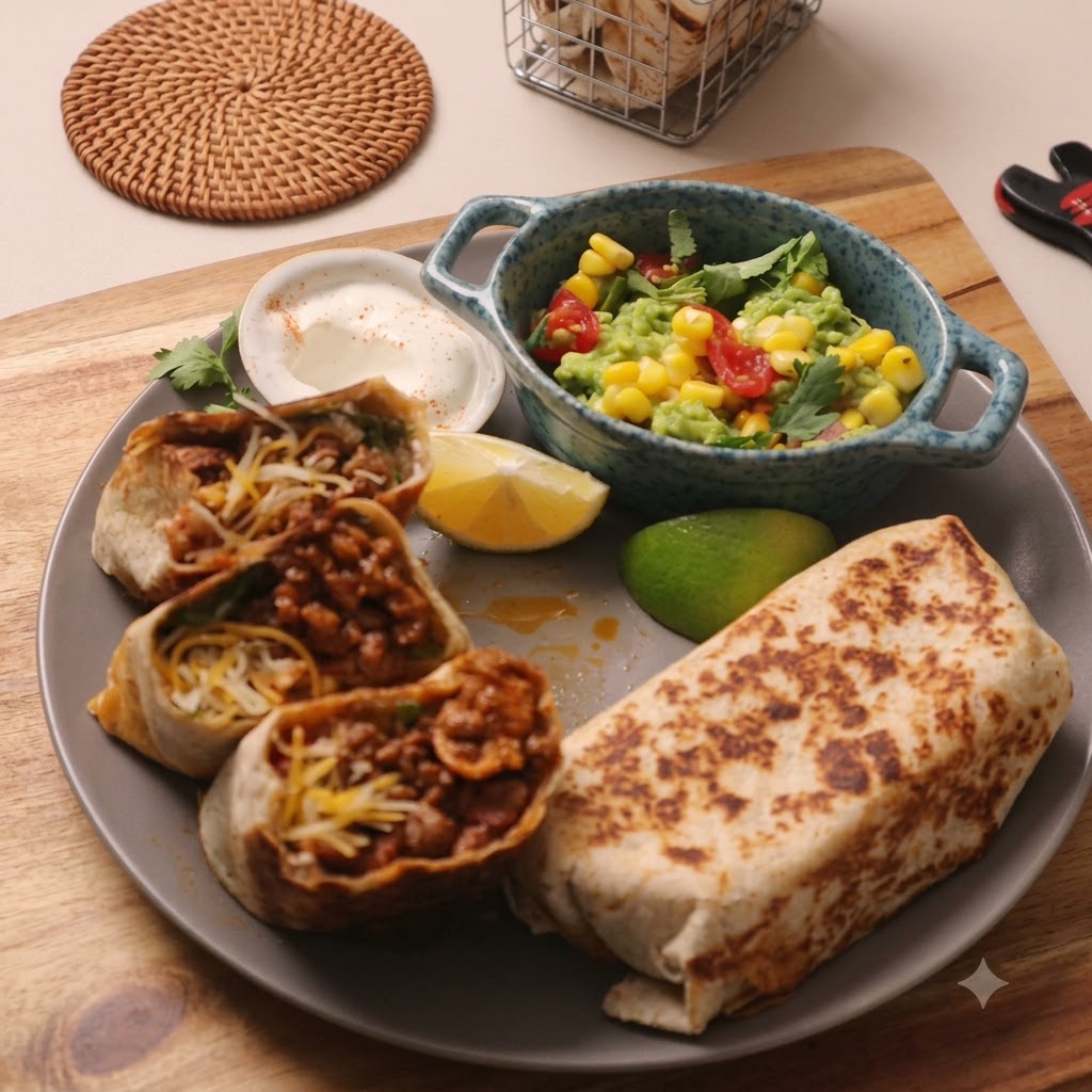 Diced tomatoes and sweet corn kernels being sprinkled onto the burrito filling.