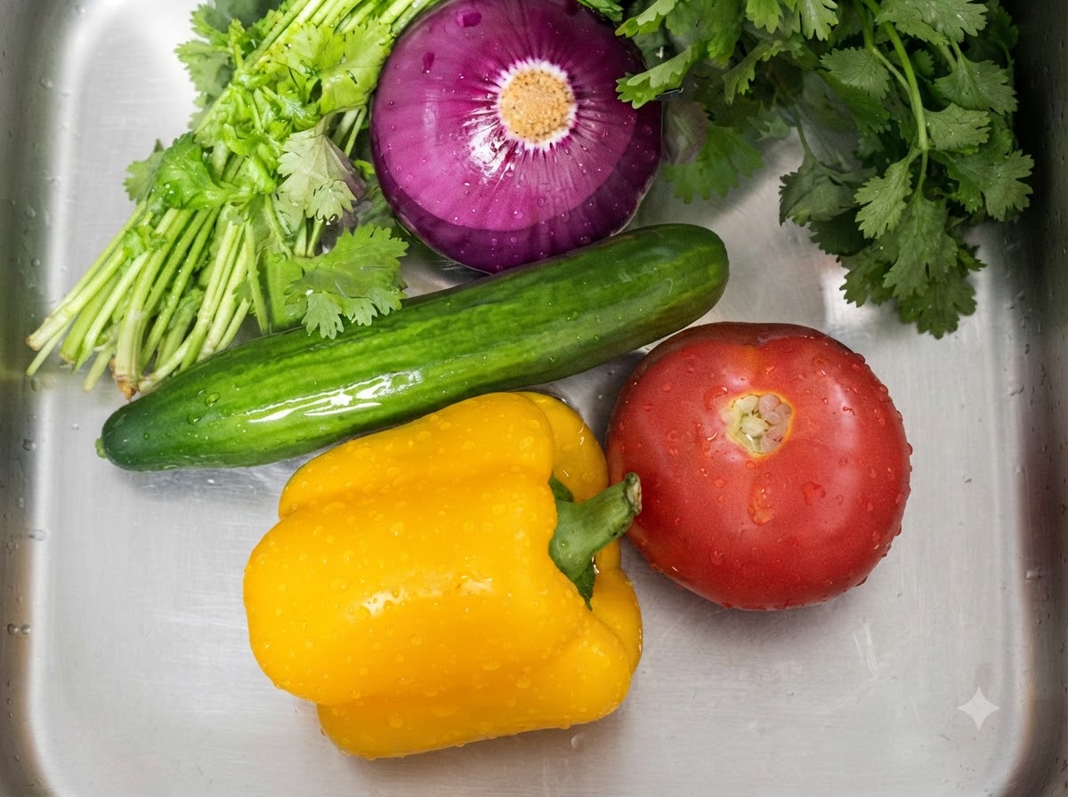 Fresh bell peppers, red onion, cucumber, tomato, and cilantro soaking in a metal sink filled with water.