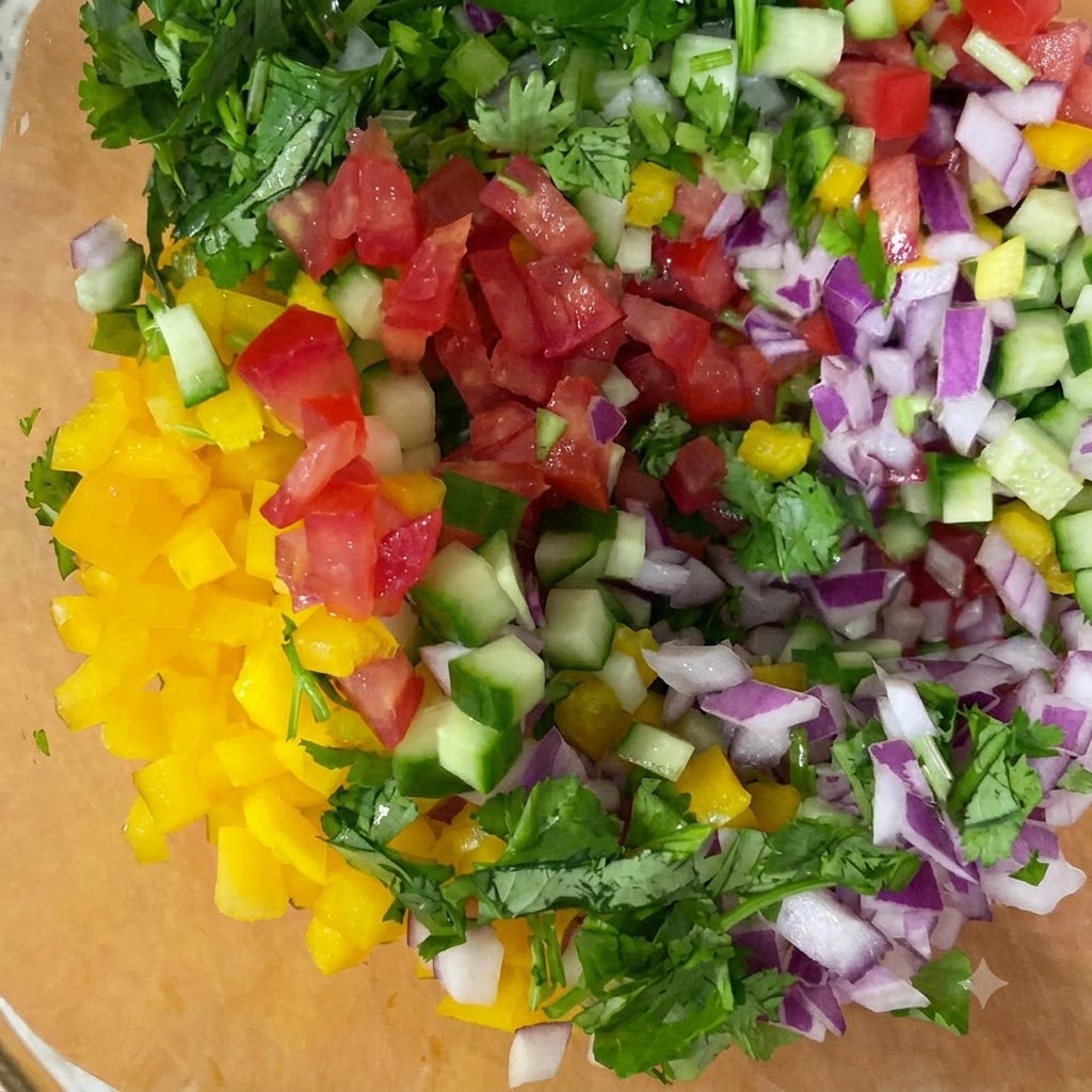 A mix of diced red and yellow bell peppers, tomatoes, purple onions, and green cilantro in a glass bowl.