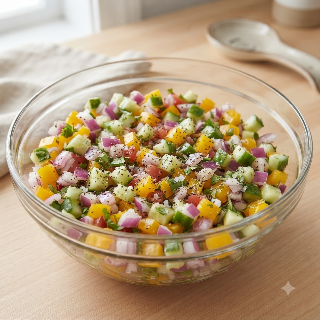 Minced garlic, salt, pepper, and olive oil sprinkled over the bowl of diced mixed vegetables.