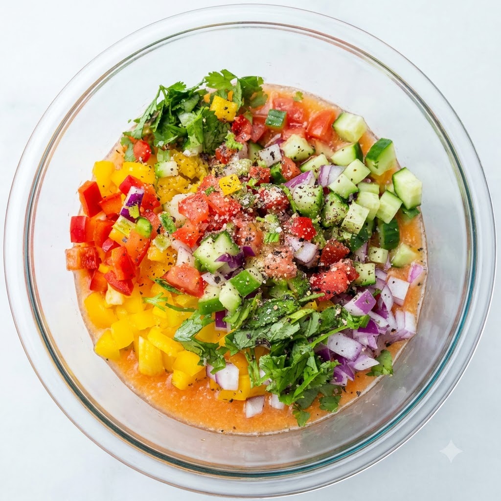 Fresh lemon juice being squeezed from a half lemon directly onto a glass bowl filled with chopped colorful vegetables and herbs.