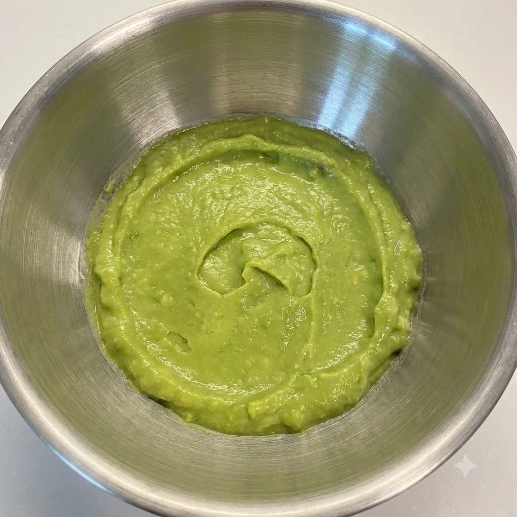 A ripe avocado being mashed into a smooth, vibrant green paste inside a metal mixing bowl using a pestle.