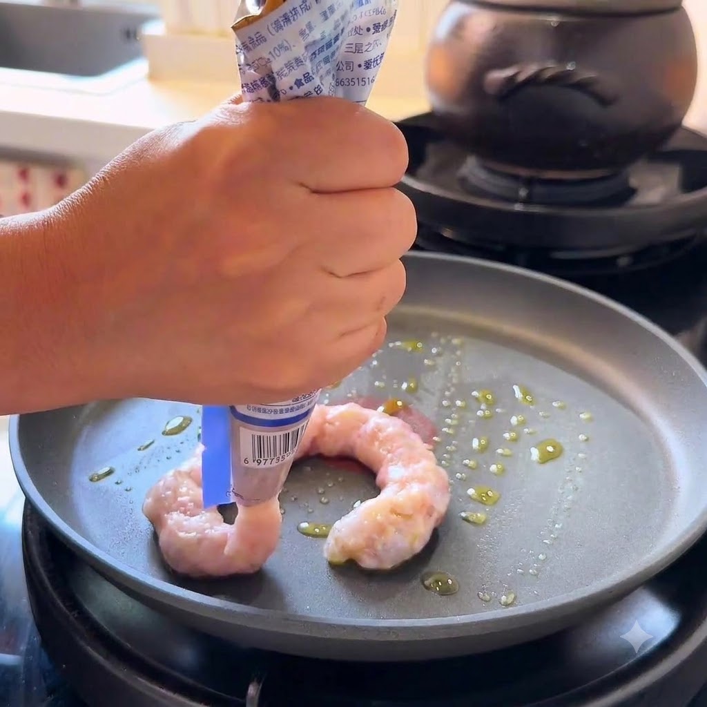 A pair of hands squeezing pink shrimp paste from a tube into two circular shapes in a greased skillet.