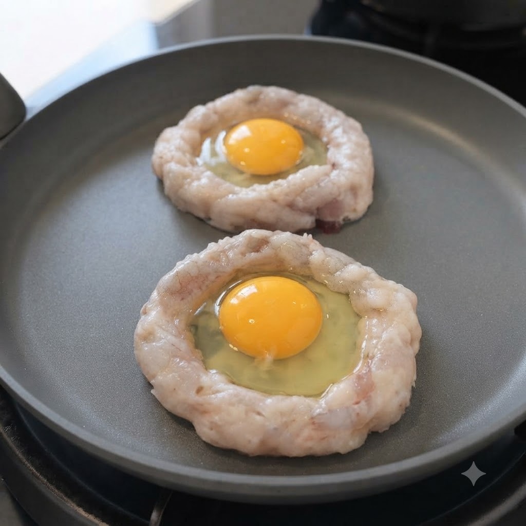 Two raw eggs resting inside circular shrimp paste rings in a frying pan.