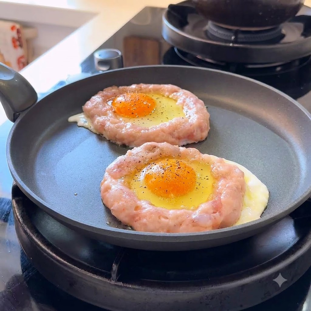 Sea salt and black pepper speckled over eggs and shrimp paste cooking in a pan.