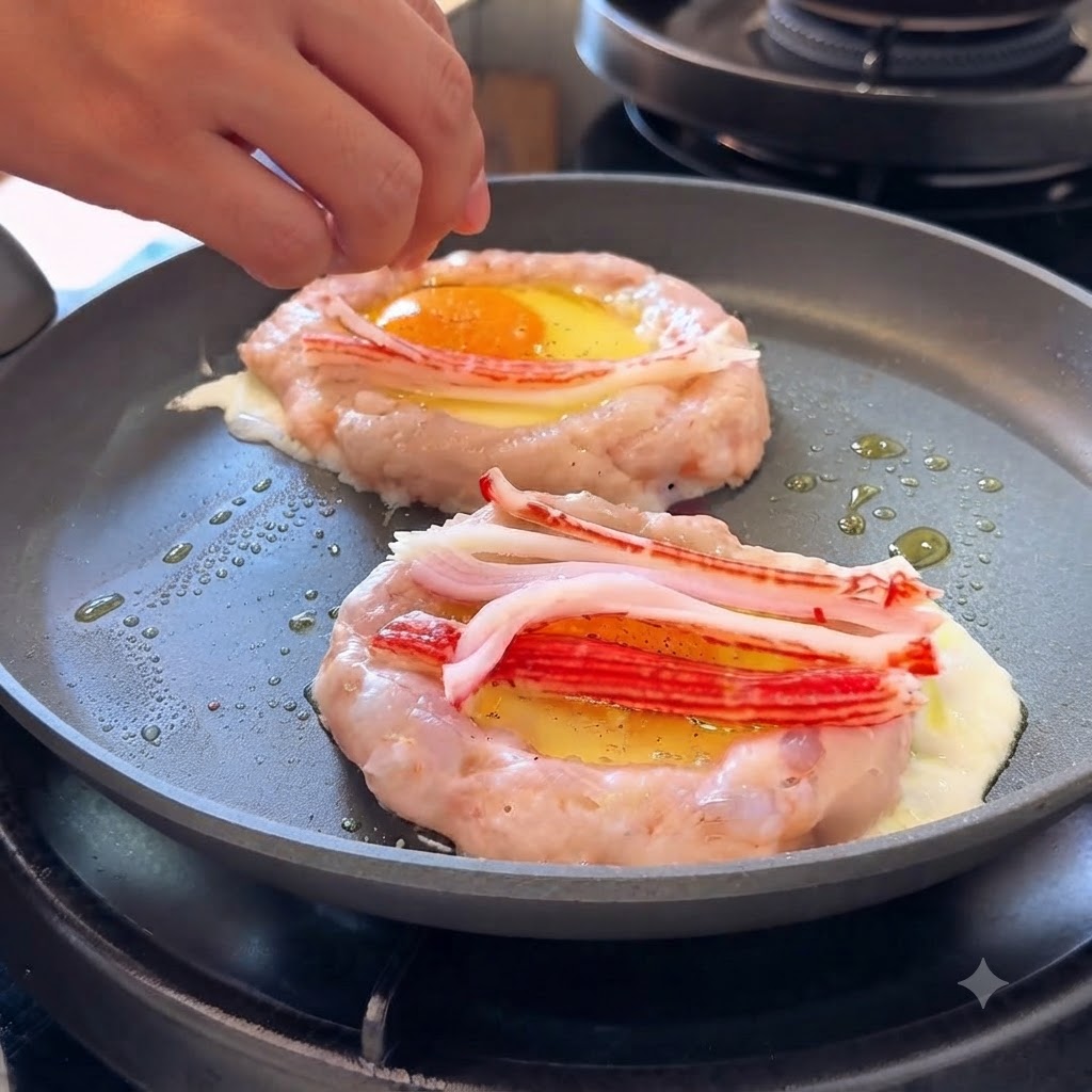 A hand placing shredded crab stick pieces on top of the eggs inside the shrimp paste rings.