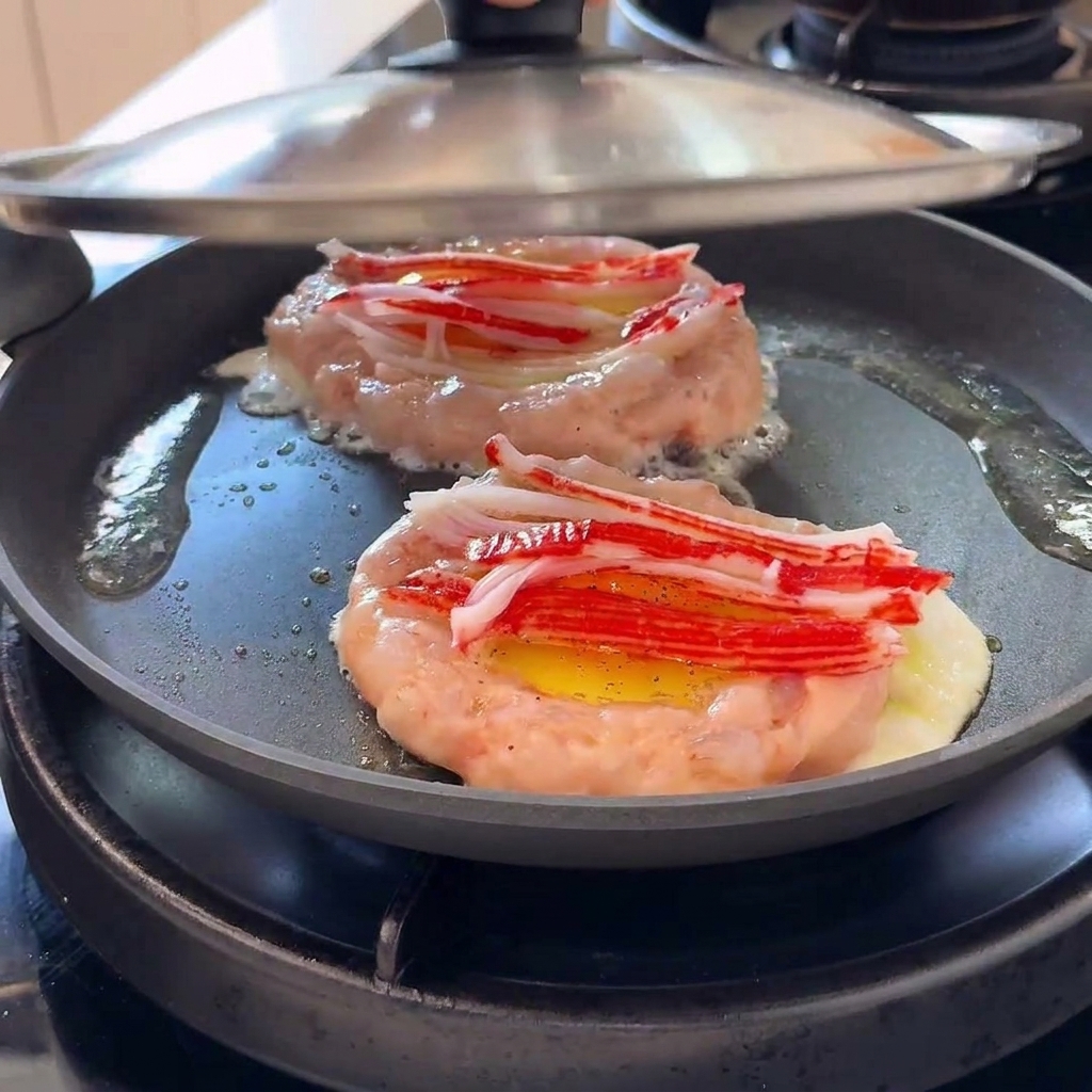 A metal lid being placed over a frying pan containing shrimp paste rings and topped eggs with steaming water.