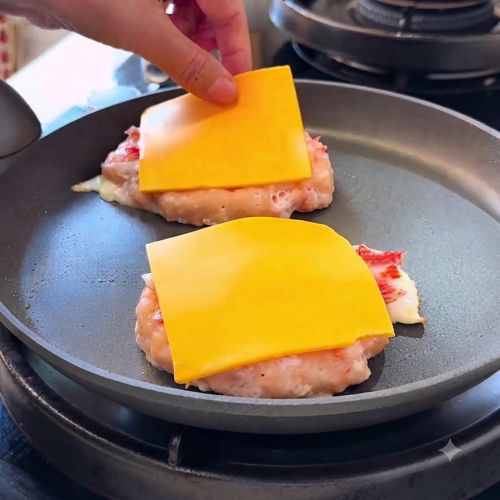 A hand placing yellow cheese slices over cooked egg and shrimp patties in a frying pan.