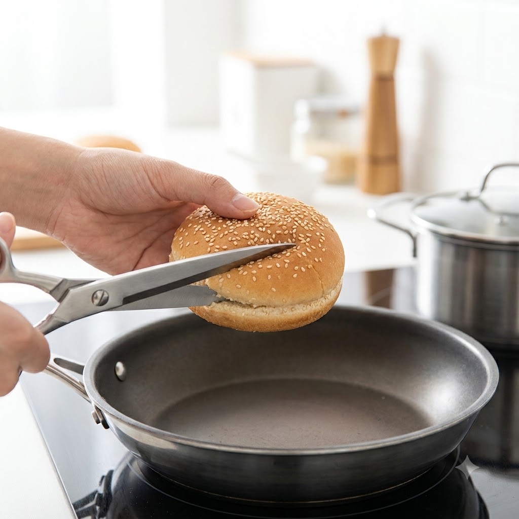 A heated burger bun being cut open with scissors.