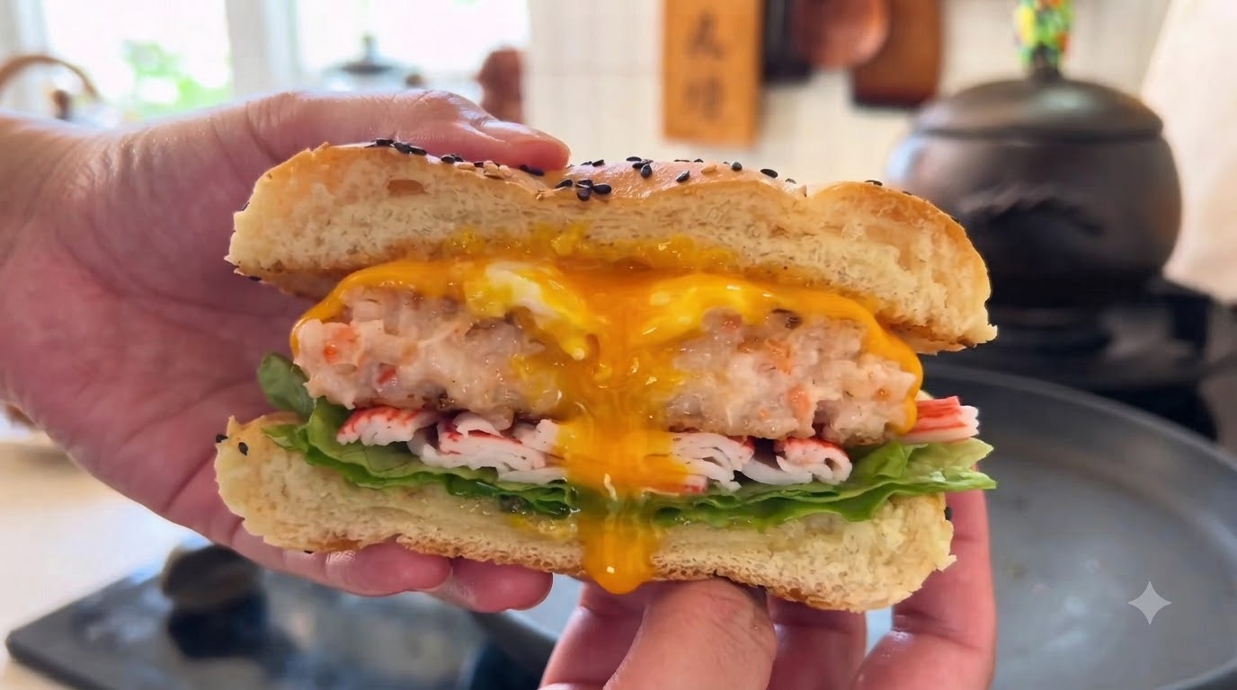 Shrimp Paste and Crab Stick Fried Egg Burger
