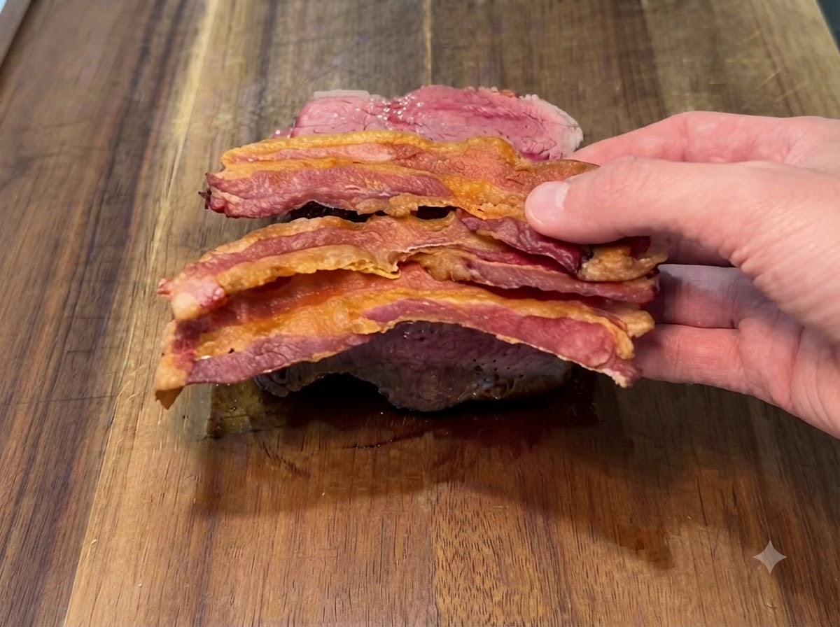 Strips of crispy bacon being placed on top of the melted cheese layer.