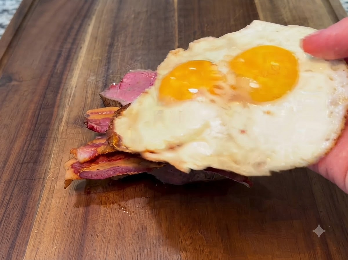 Two fried eggs being placed on top of the bacon strips.