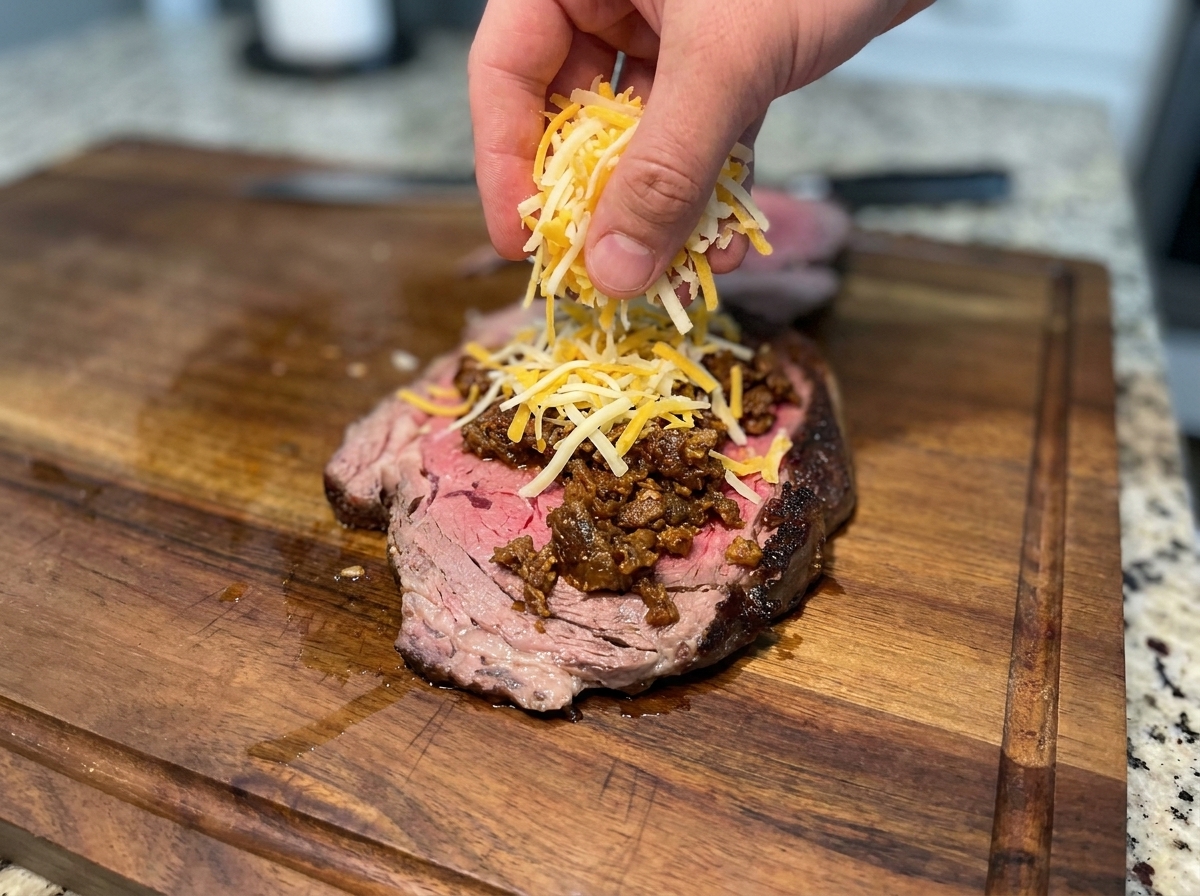 A spoonful of seasoned cooked ground beef being layered onto the cheese-topped steak.