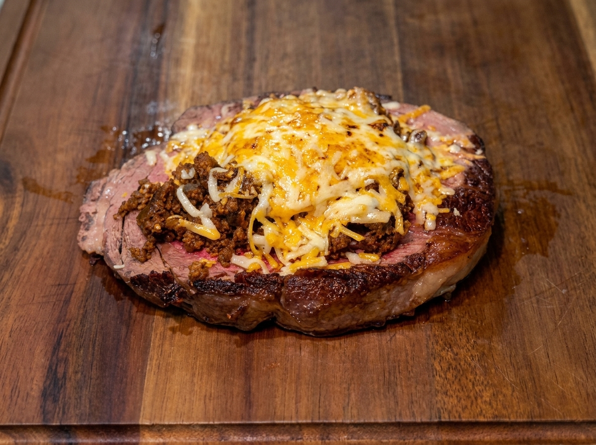 Melted shredded cheese covering the ground beef on top of the steak slice.