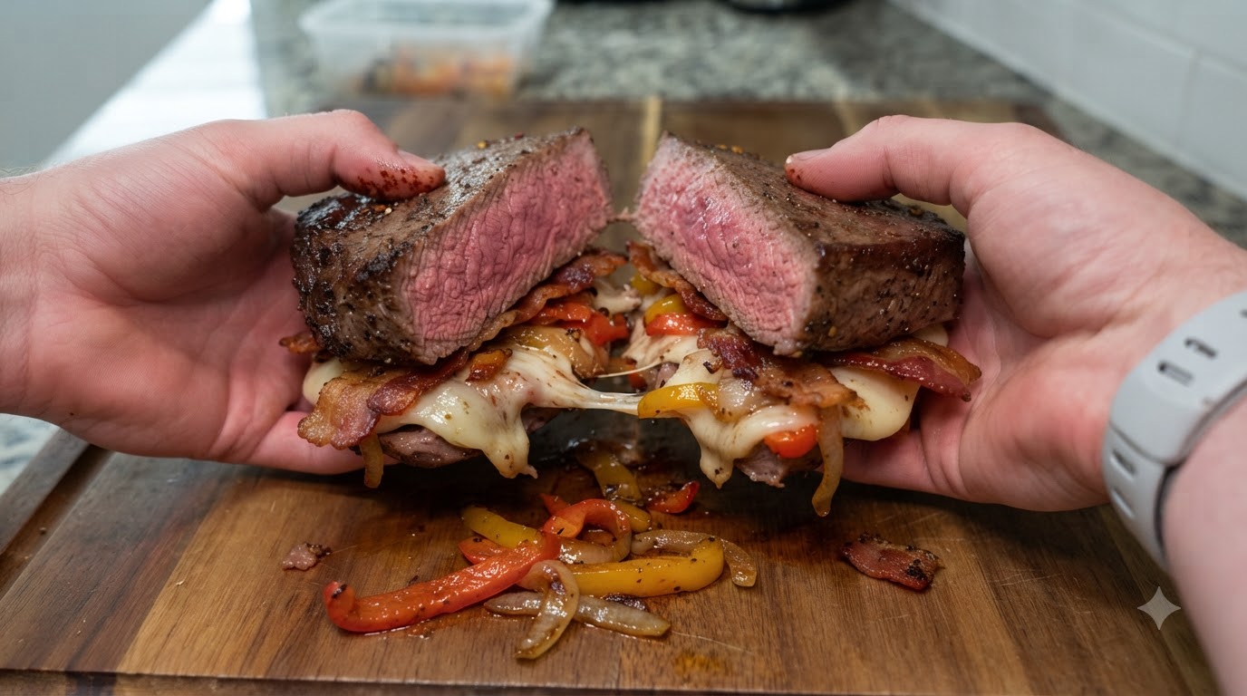 A halved Texas-style steak breakfast sandwich revealing layers of rare beef, melted cheese, bacon, and peppers.