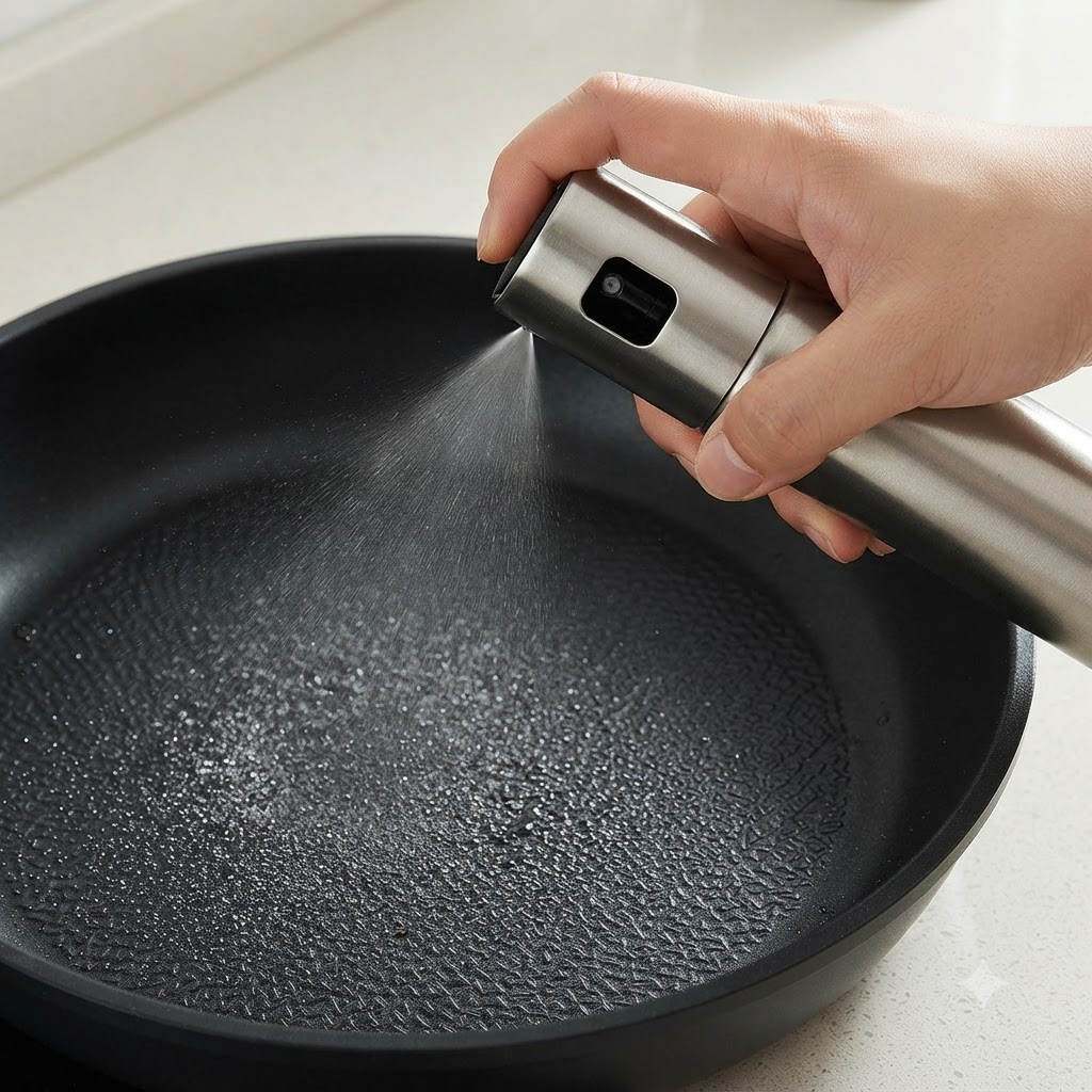 A hand spraying a fine mist of cooking oil onto the bottom surface of a black frying pan.