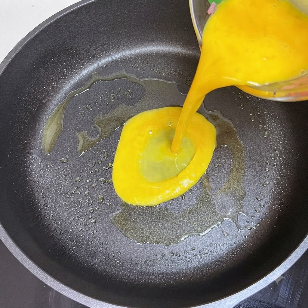Bright yellow beaten eggs being poured from a clear measuring cup into a hot frying pan.