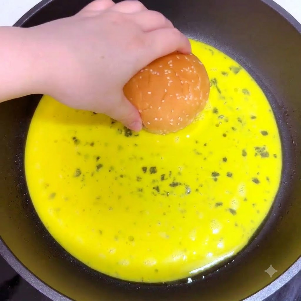 A hand placing two burger buns upside down into a pool of raw yellow egg mixture in a frying pan.