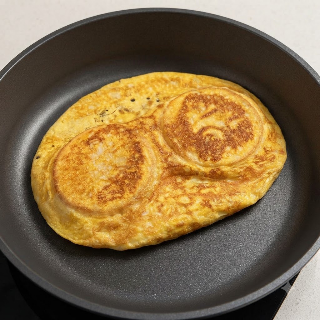 A cooked golden egg sheet being folded around two burger buns inside a frying pan.