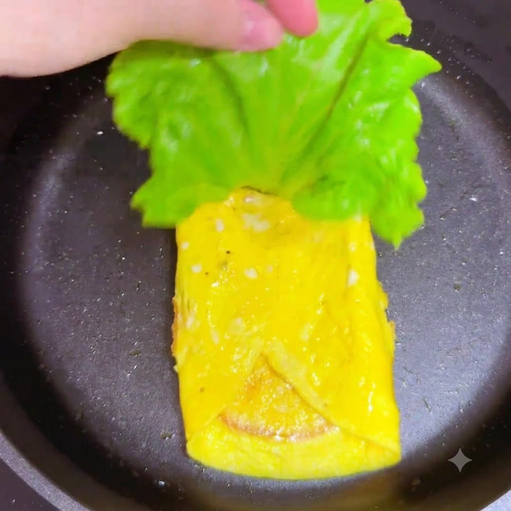 A fresh green lettuce leaf being placed over the ham layer inside the pan.