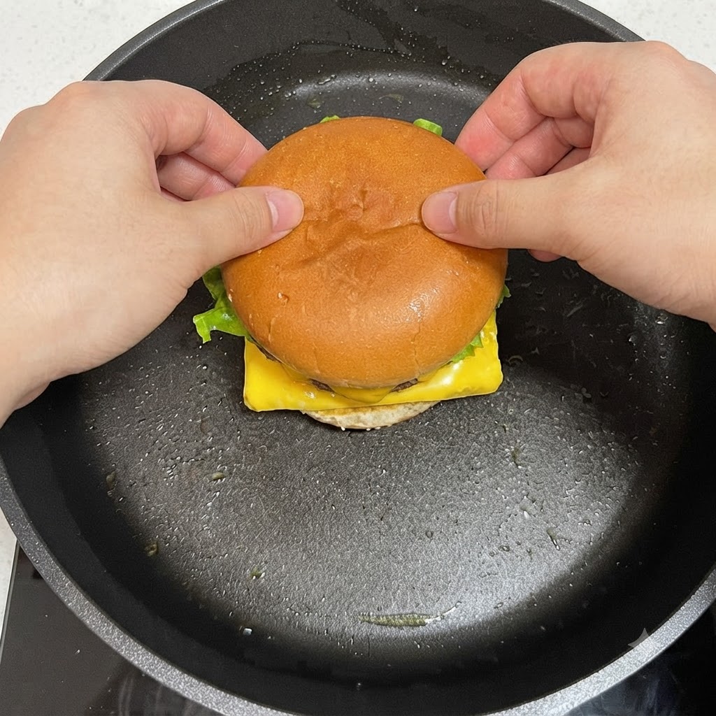 Hands placing the top burger bun over the layered ingredients and wrapping the egg edges around it.