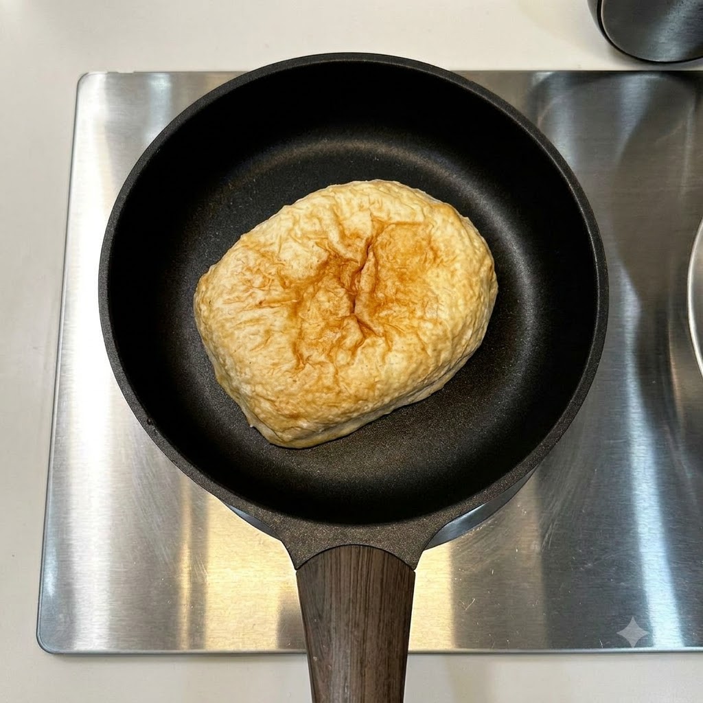 Ciabatta bread and a single sausage resting in a black frying pan on a stainless steel stovetop.