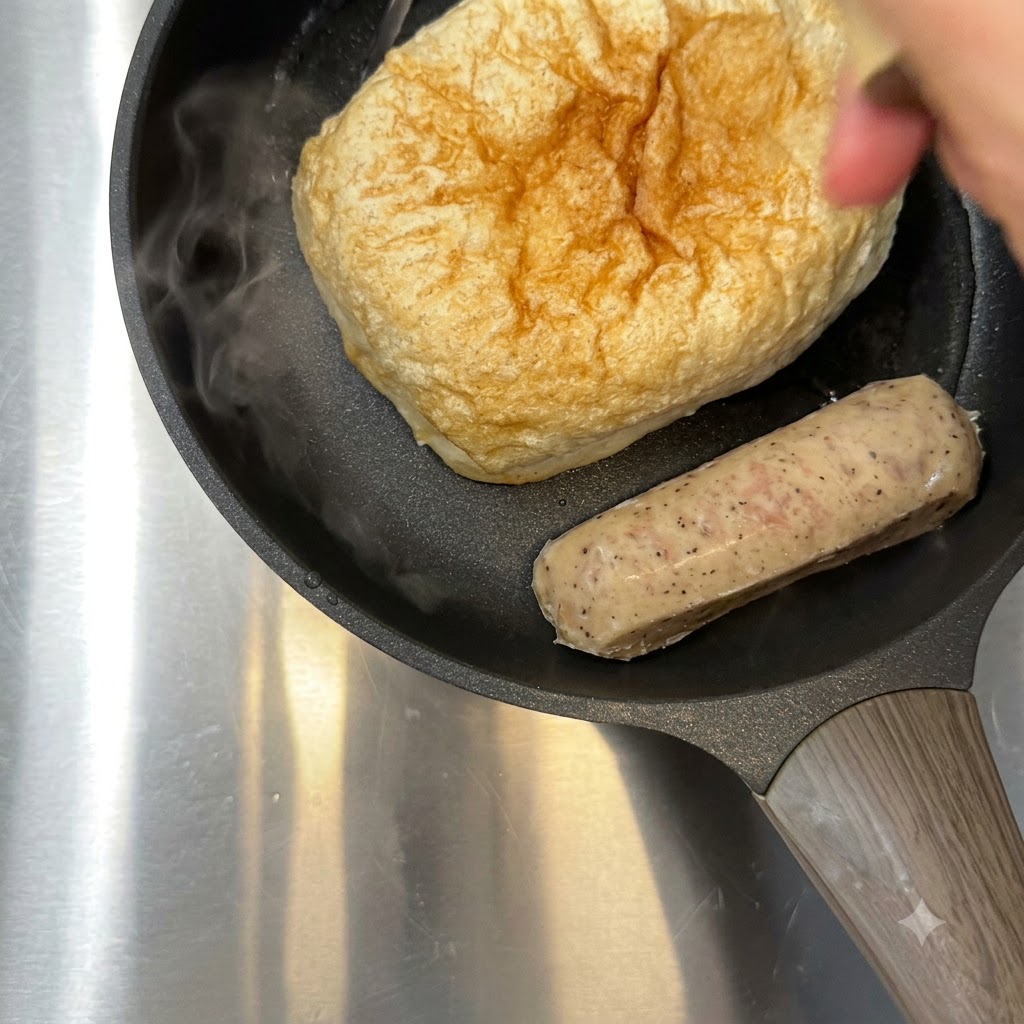 Boiling water being poured into the pan beside the ciabatta and sausage.