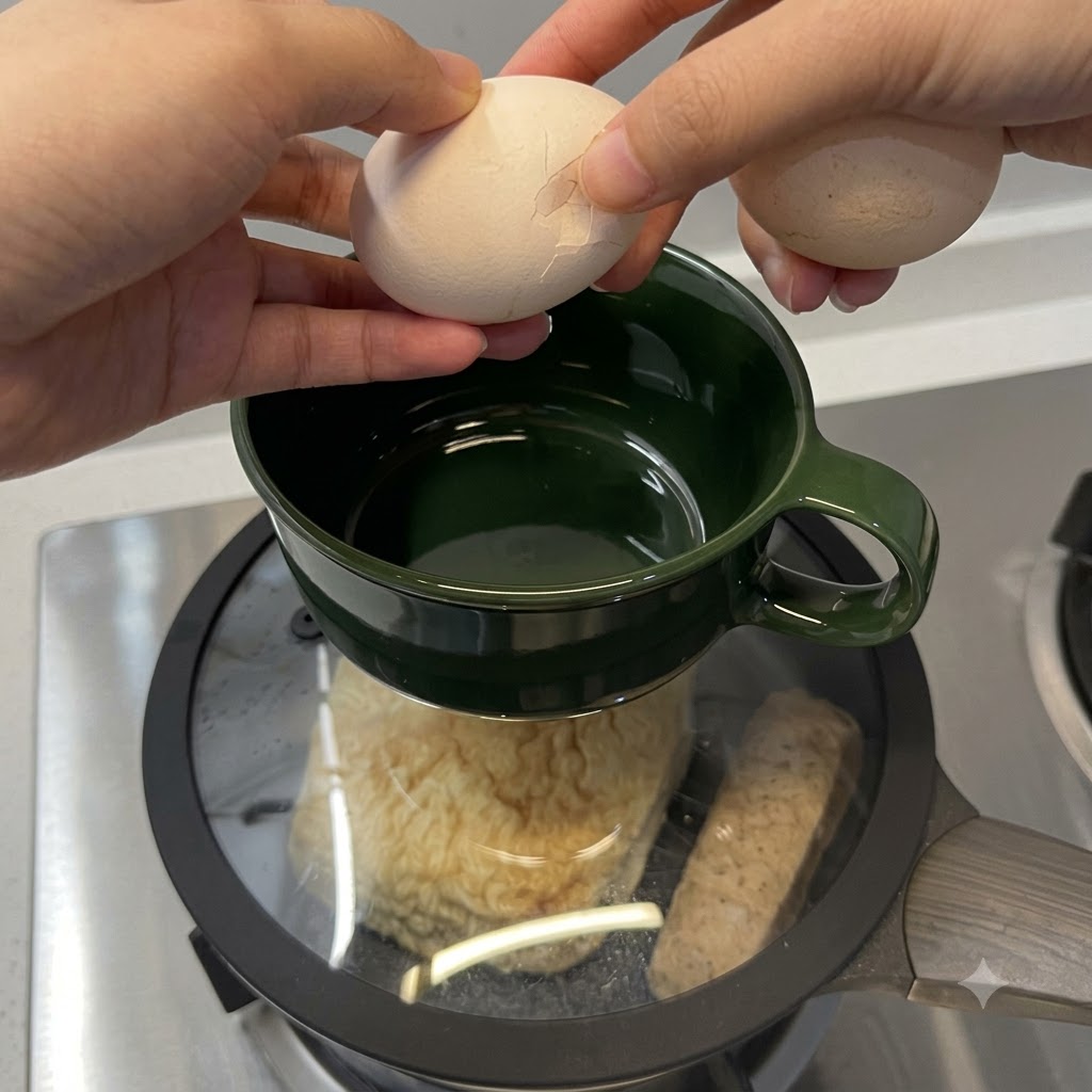 Two eggs being cracked into a green bowl sitting atop the covered pan.