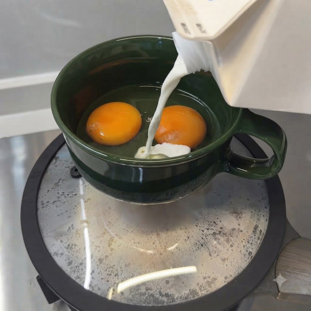 Milk being poured from a carton into the bowl with the eggs.