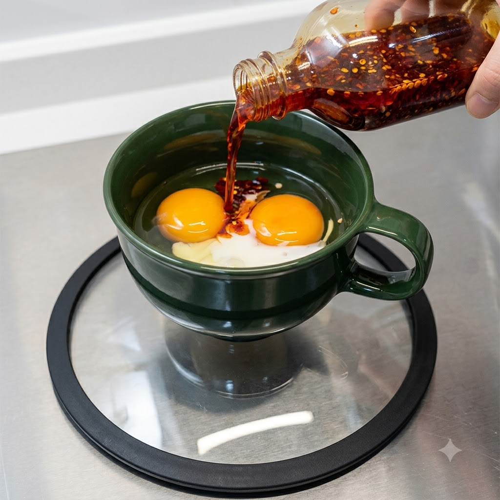 Chili oil being poured into the bowl containing eggs and milk.