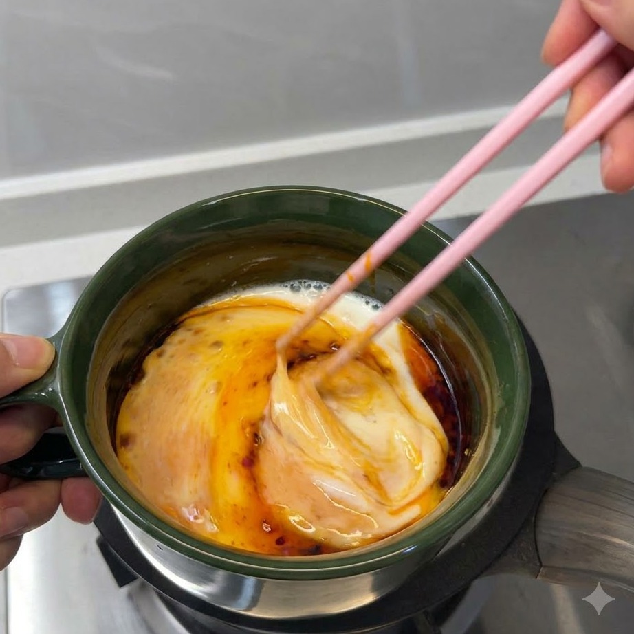 Chopsticks blending eggs, milk, and chili oil in a green bowl.