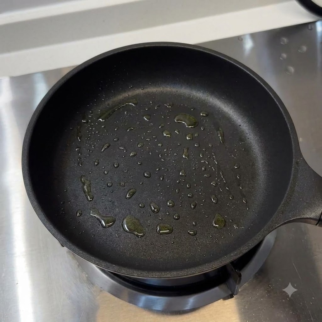 A greased frying pan with cooking oil droplets distributed across the bottom.