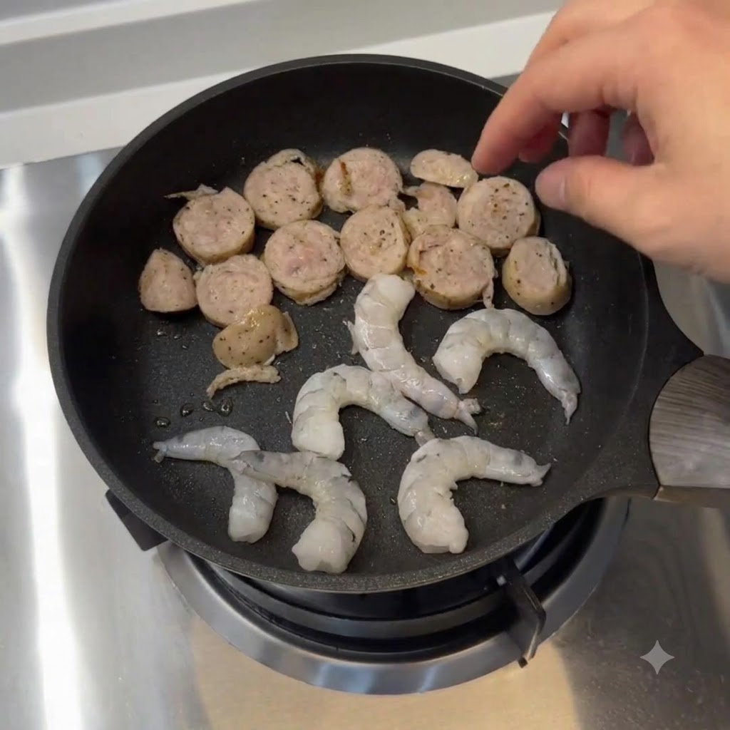 Sliced sausage and raw shrimp arranged in a frying pan on a gas burner.