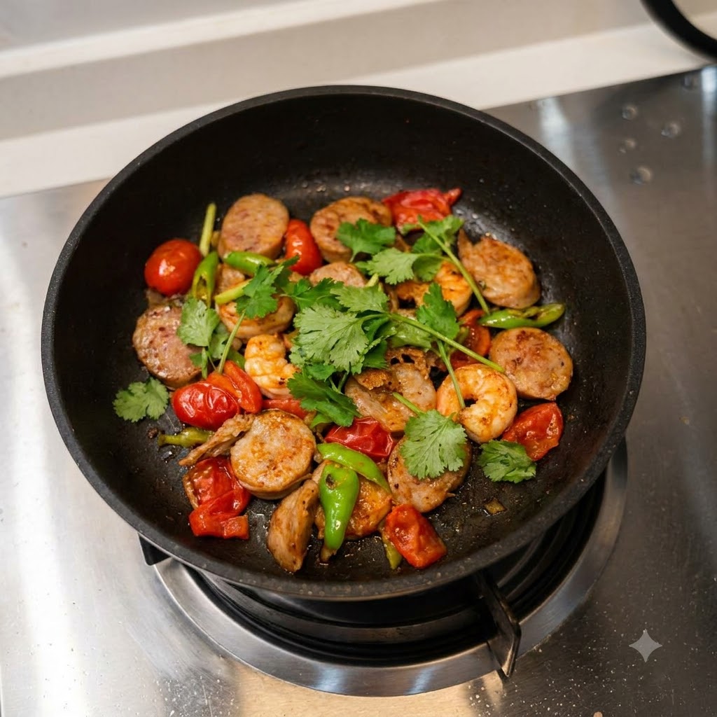 Fresh cilantro leaves being cut directly over a frying pan filled with cooked sausage, shrimp, tomatoes, and green peppers.
