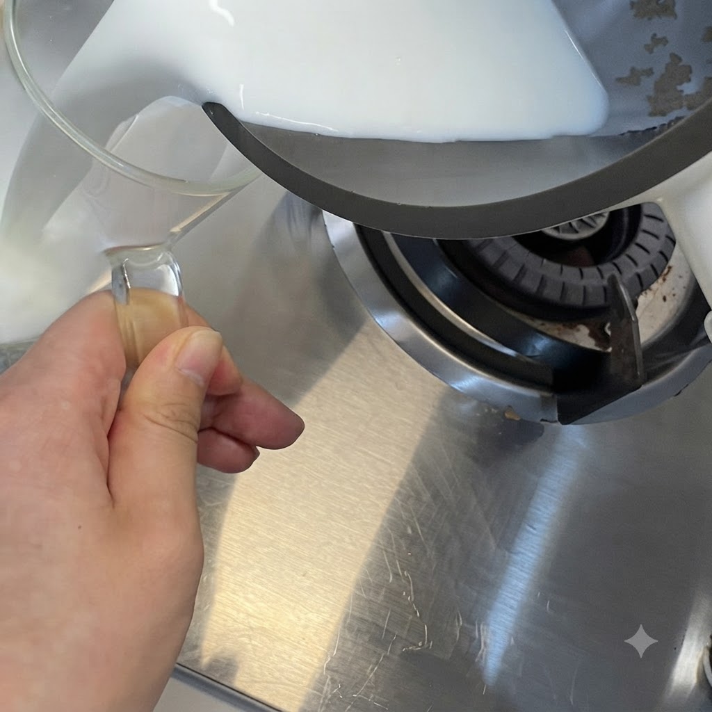 The egg mixture and ingredients being stirred and cooked with a spatula in the pan.