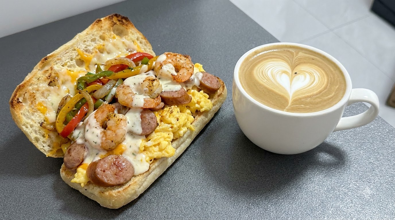 Ultimate Ciabatta Breakfast Sandwich with Coffee