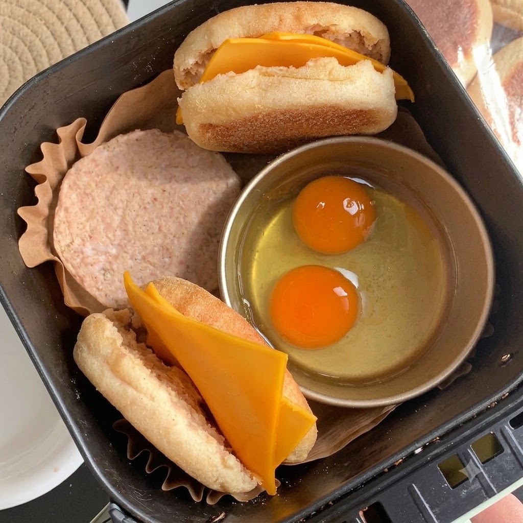 Two eggs cracking into a round metal ring in a pan next to a searing breakfast sausage patty.