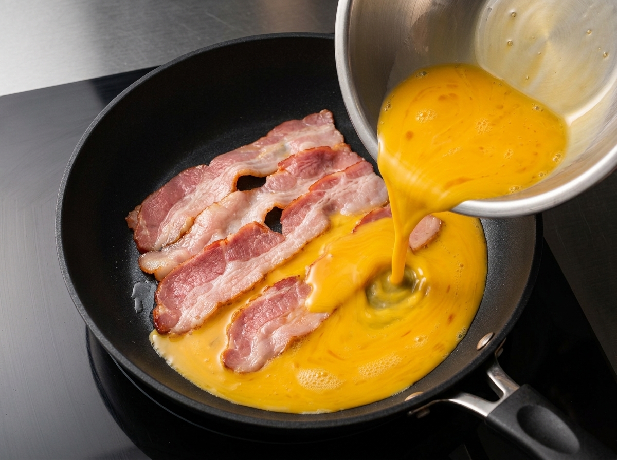Beaten eggs being poured from a stainless steel bowl directly onto bacon strips in a hot pan.