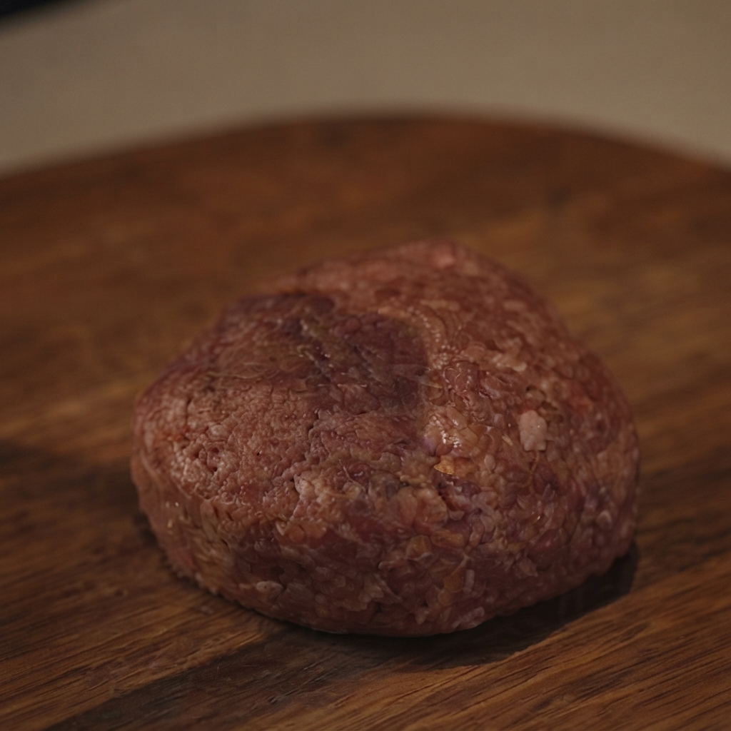 A freshly formed raw beef patty sitting on a round wooden cutting board.