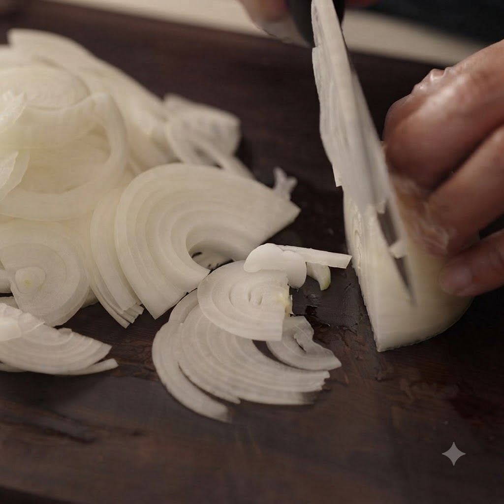 A persons hands using a knife to slice an onion into thin strips on a cutting board.