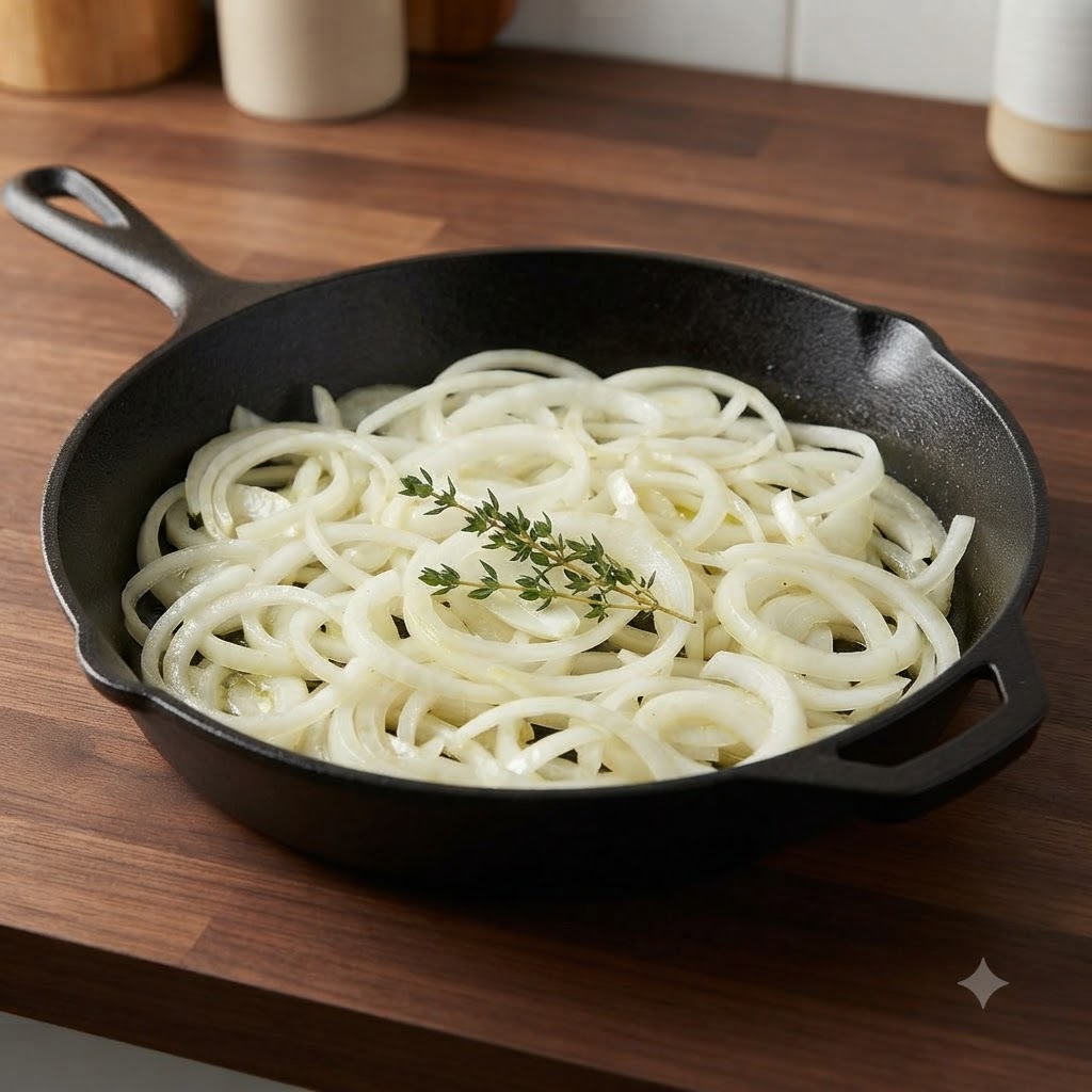 A cast-iron skillet filled with raw sliced onion rings and a sprig of fresh thyme sitting on a wooden countertop.