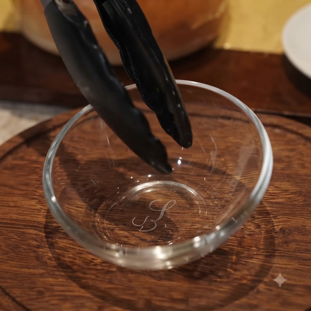 Kitchen tongs lifting caramelized onions out of a skillet into a small glass bowl.
