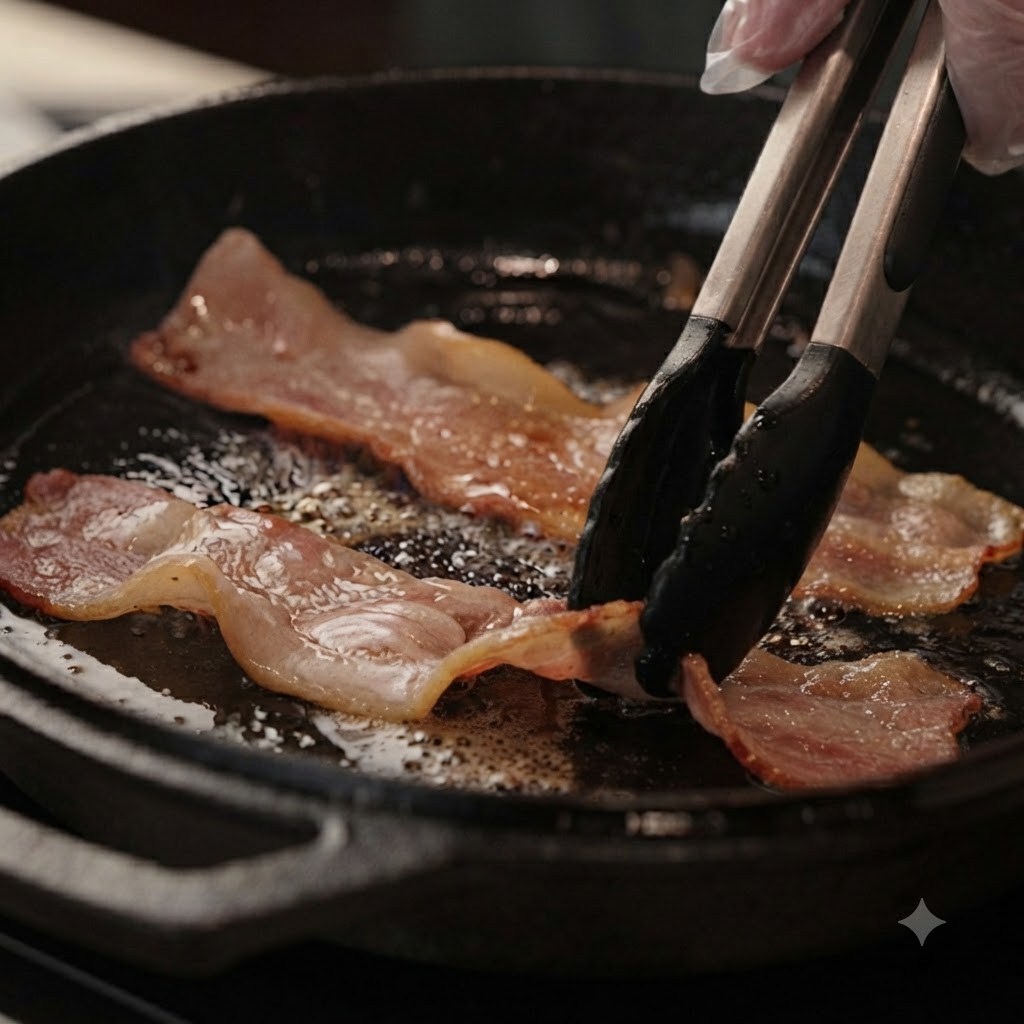 Bacon strips frying in a hot cast-iron skillet being handled with black kitchen tongs.