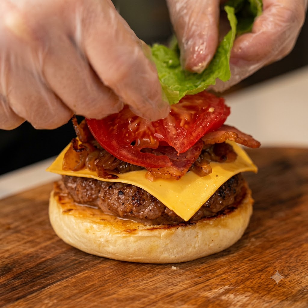 A hand placing a piece of fresh green lettuce on top of sliced tomatoes, bacon, cheese, and a beef patty.